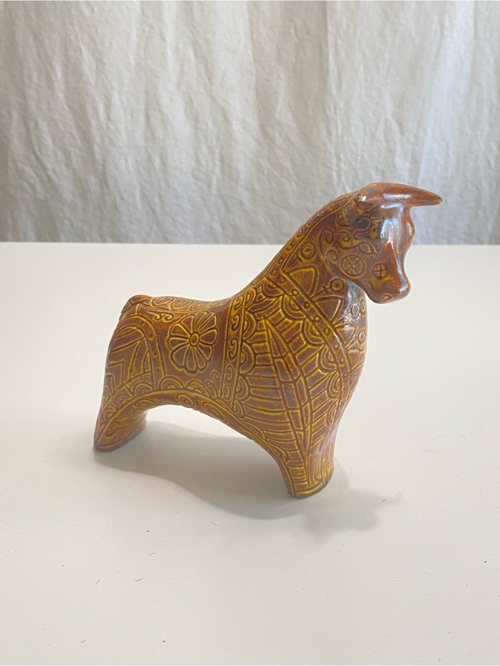 Vintage Brown Ceramic Horse Sculpture with Yellow Accents